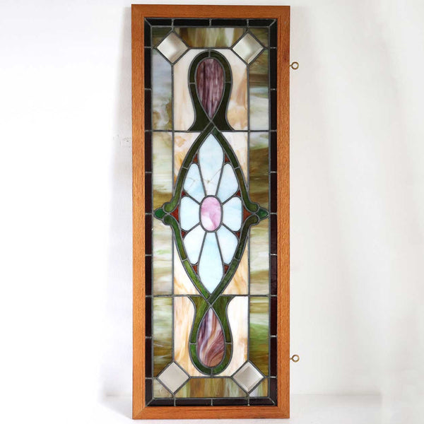 American Stained, Beveled and Leaded Glass Oak Frame Window Transom