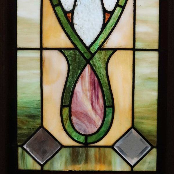American Stained, Beveled and Leaded Glass Oak Frame Window Transom