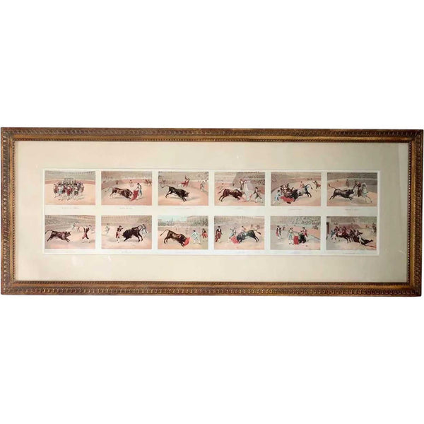 Set of 12 Vintage American Chromolithographs, Mexican Bullfighting Scenes