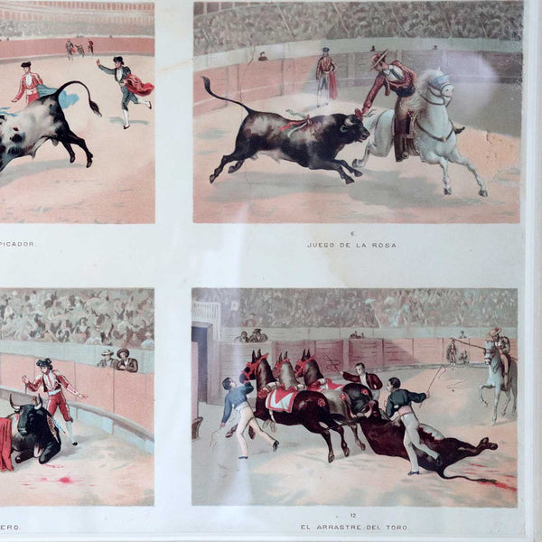 Set of 12 Vintage American Chromolithographs, Mexican Bullfighting Scenes