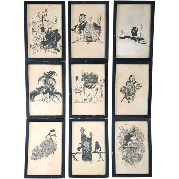 Set of Nine ALASTAIR Black and Sepia Paper Manon Lescaut Bookplate Illustrations