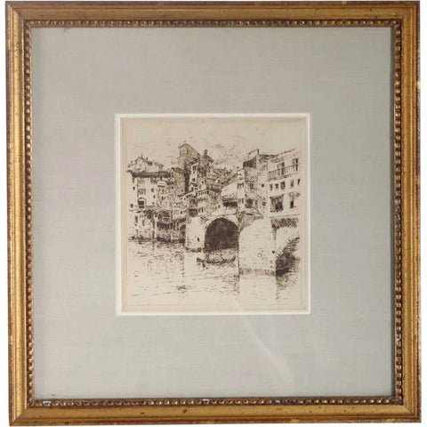 LESTER E. VARIAN Etching on Paper, Ponte Vecchio over the Arno, Florence