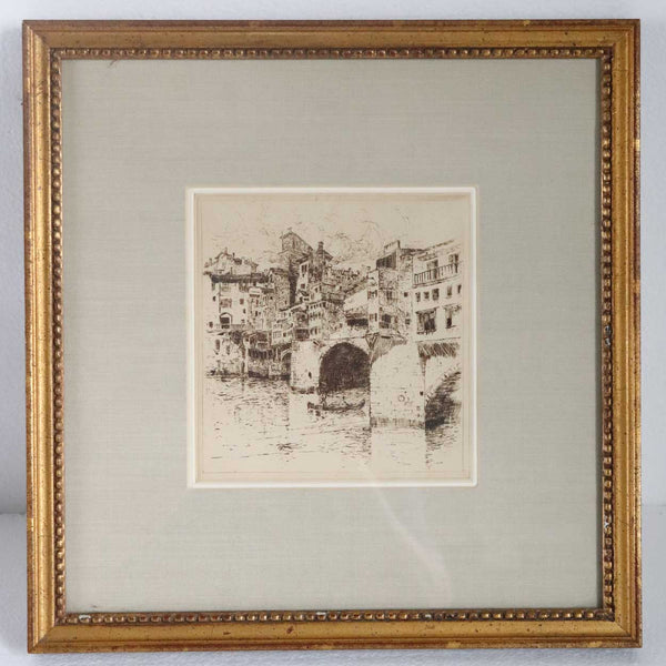 LESTER E. VARIAN Etching on Paper, Ponte Vecchio over the Arno, Florence