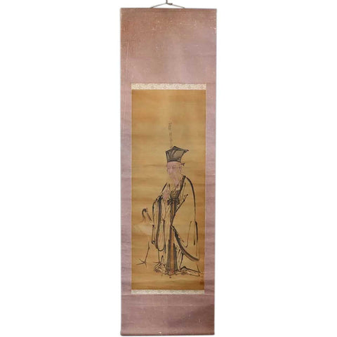 Japanese Meiji Watercolor Vertical Hanging Scroll (Kakejiku) Painting, Elder and Crane