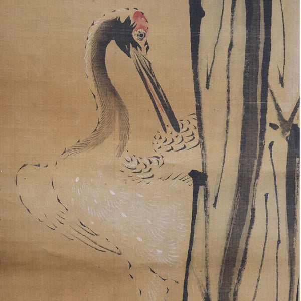 Japanese Meiji Watercolor Vertical Hanging Scroll (Kakejiku) Painting, Elder and Crane