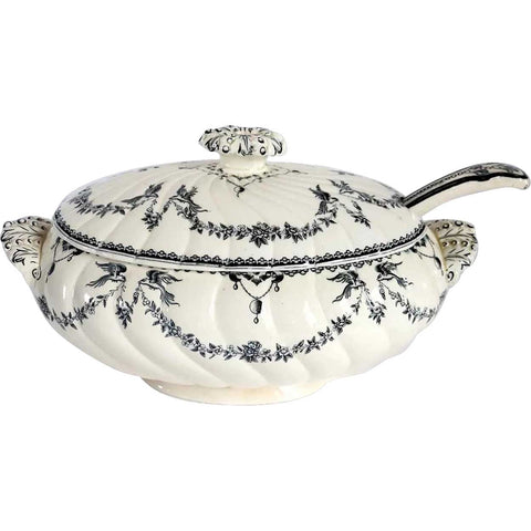 English Powell, Bishop & Stonier Transferware Pottery Clarendon Tureen and Ladle