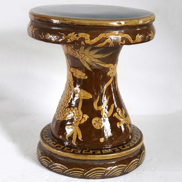 Vintage Thai Pottery Brown and Yellow Glazed Dragon Garden Stool Seat