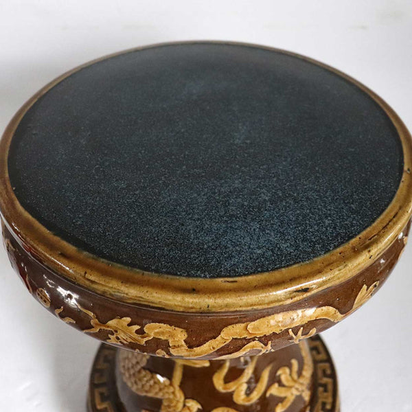 Vintage Thai Pottery Brown and Yellow Glazed Dragon Garden Stool Seat