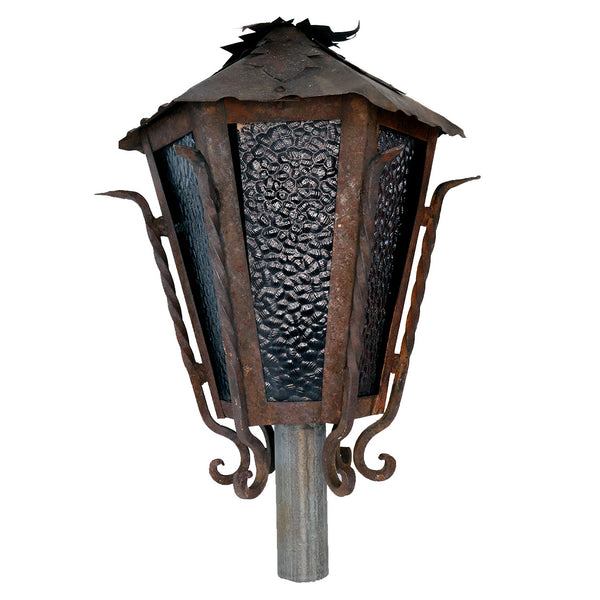 Vintage American Wrought Iron, Steel and Textured Glass Hexagonal Post Lantern