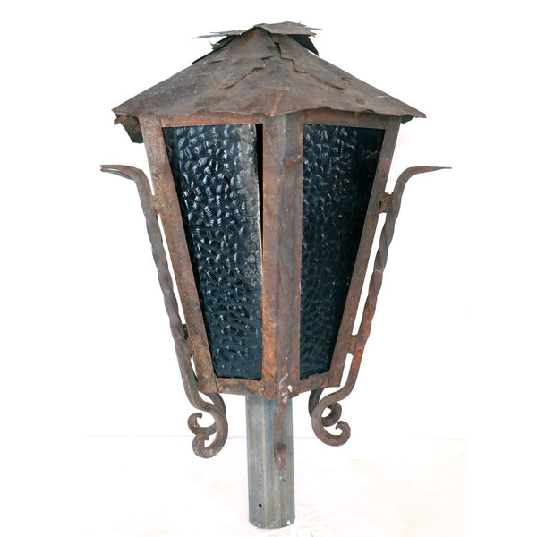 Vintage American Wrought Iron, Steel and Textured Glass Hexagonal Post Lantern