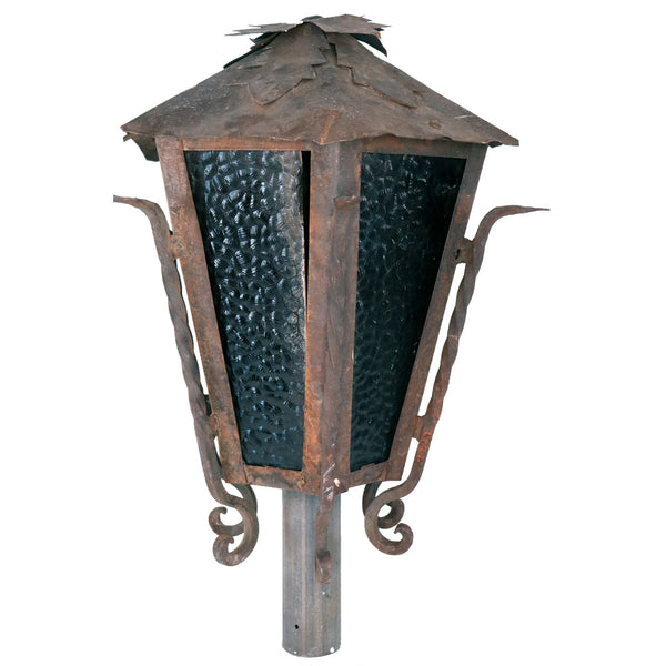 Vintage American Wrought Iron, Steel and Textured Glass Hexagonal Post Lantern
