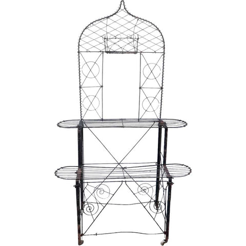 American Antique Victorian Black Painted Wrought Iron Woven Wire Two-Tier Plant Stand