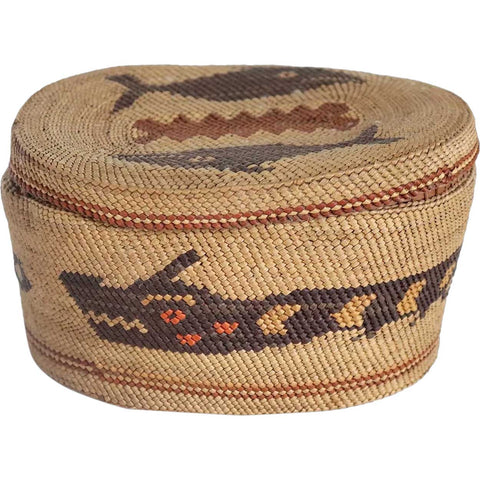 Native American Makah Northwest Coast Polychrome Pictorial Basket and Lid