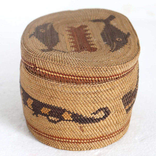 Native American Makah Northwest Coast Polychrome Pictorial Basket and Lid