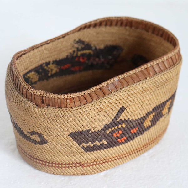 Native American Makah Northwest Coast Polychrome Pictorial Basket and Lid