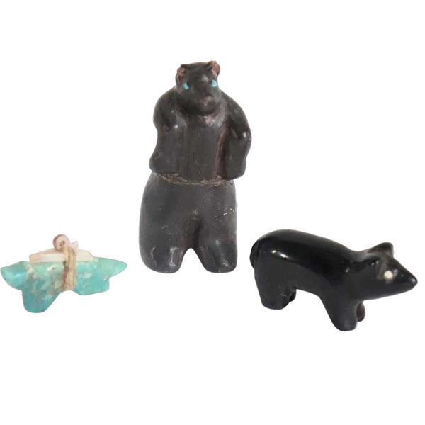 Three Small Vintage Native American Zuni Stone and Turquoise Fetish Animal Carvings