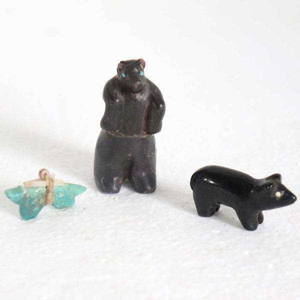 Three Small Vintage Native American Zuni Stone and Turquoise Fetish Animal Carvings