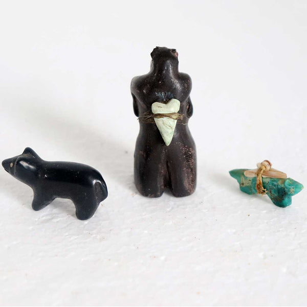 Three Small Vintage Native American Zuni Stone and Turquoise Fetish Animal Carvings