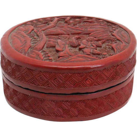 Small Vintage Chinese Red Cinnabar Lacquer Round Dresser Box