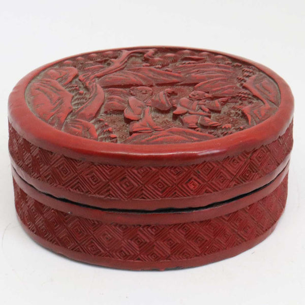 Small Vintage Chinese Red Cinnabar Lacquer Round Dresser Box