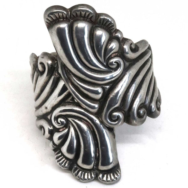 Vintage Mexican Taxco BO Art Deco Cast Silver Bypass Clamper Cuff Bracelet