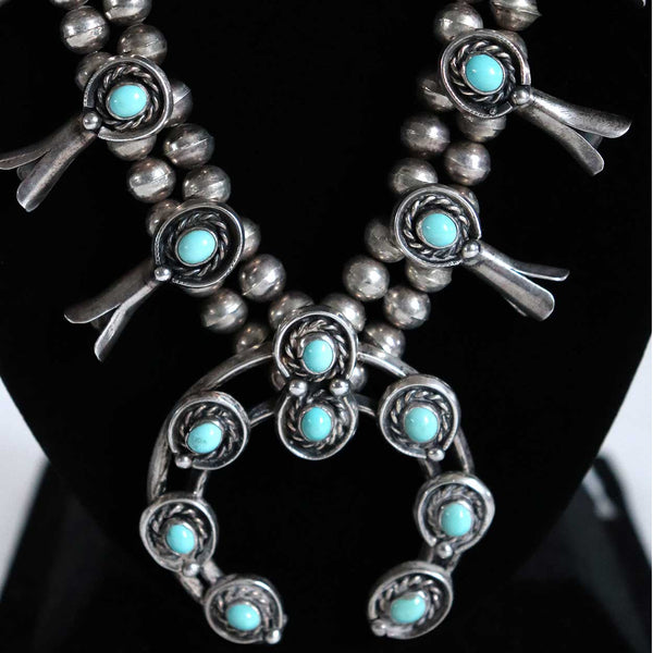 Vintage Native American Silver and Turquoise Squash Blossom Beaded Necklace