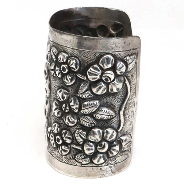 Vintage Mexican Sterling Silver Floral Repousse Cuff Bracelet
