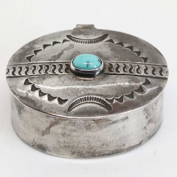 Small Native American MORRIS ROBINSON Hopi Sterling Silver and Turquoise Oval Box