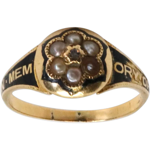 Victorian Gold, Black Enamel and Pearl Lady's Mourning Ring