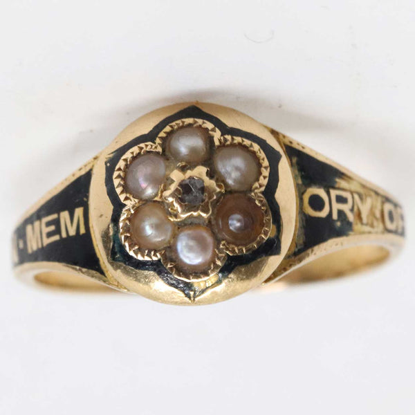 Victorian Gold, Black Enamel and Pearl Lady's Mourning Ring