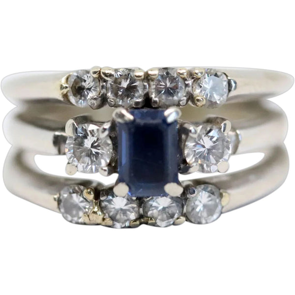 Vintage 14 Karat White Gold, Diamond and Sapphire Lady's Triple Band Ring