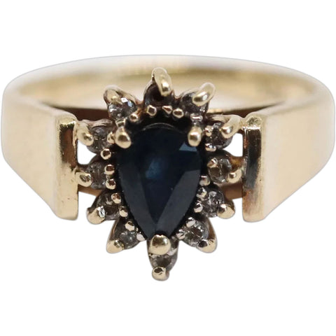 Vintage 14 Karat Yellow Gold, Diamond and Pear Shape Sapphire Lady's Ring