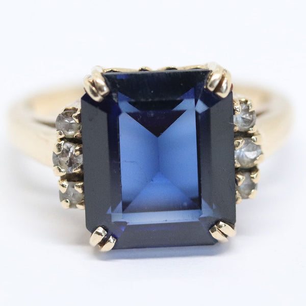 Vintage 14 Karat Yellow Gold, Diamond and Sapphire Emerald Cut Lady's Ring