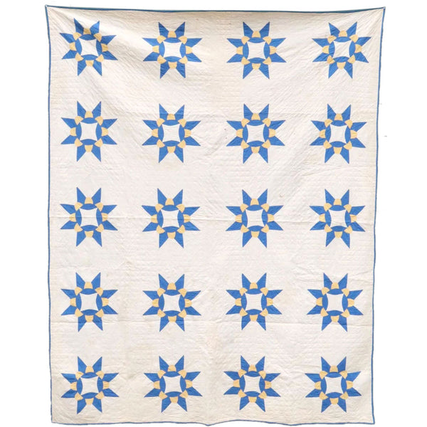 Vintage American Hand Stitched Blue, White and Yellow Star Pattern Quilt