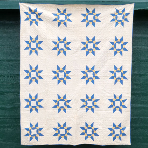 Vintage American Hand Stitched Blue, White and Yellow Star Pattern Quilt