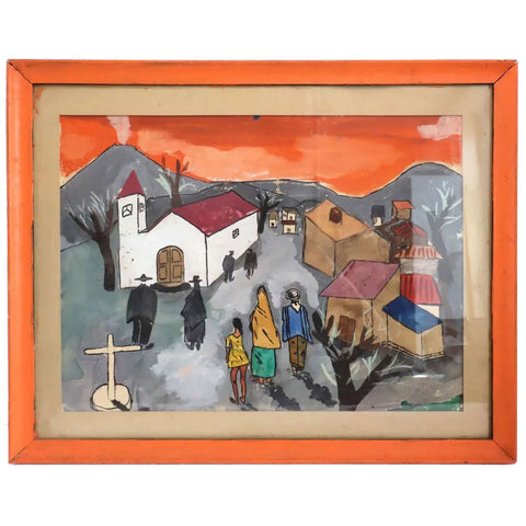 Signed Spanish School Folk Art Painting, Figures Walking to Church