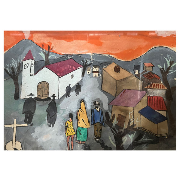 Signed Spanish School Folk Art Painting, Figures Walking to Church