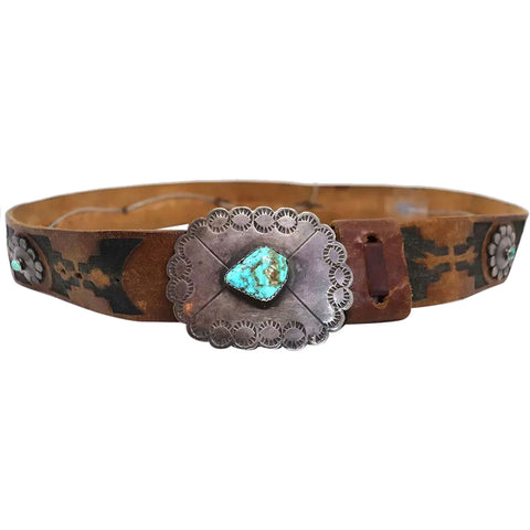 Vintage American Southwest Chased Silver, Turquoise, Tooled Leather Belt