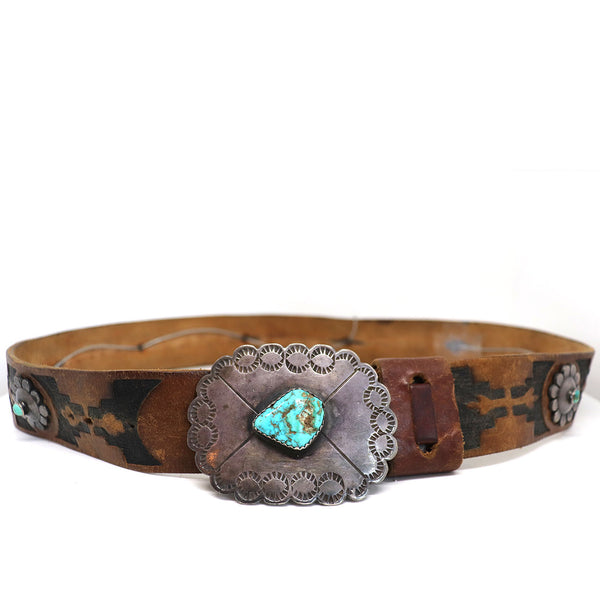 Vintage American Southwest Chased Silver, Turquoise, Tooled Leather Belt