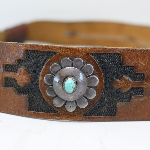 Vintage American Southwest Chased Silver, Turquoise, Tooled Leather Belt