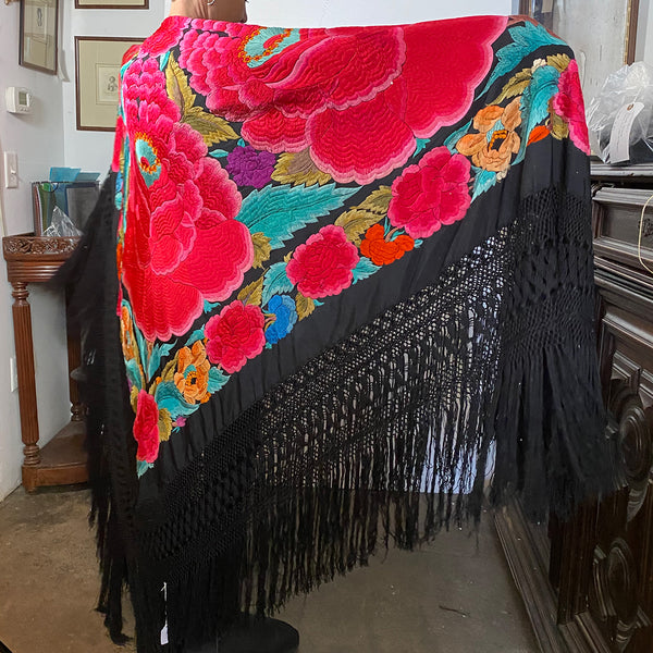 Large Vintage Spanish Silk Embroidered Fringed Flamenco Shawl (Mantoncillo)