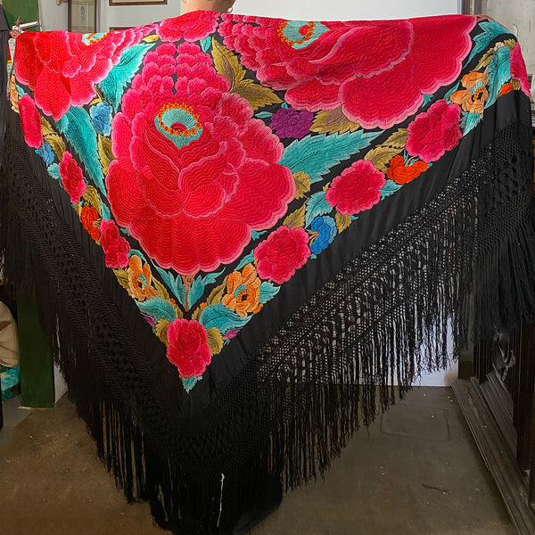 Large Vintage Spanish Silk Embroidered Fringed Flamenco Shawl (Mantoncillo)