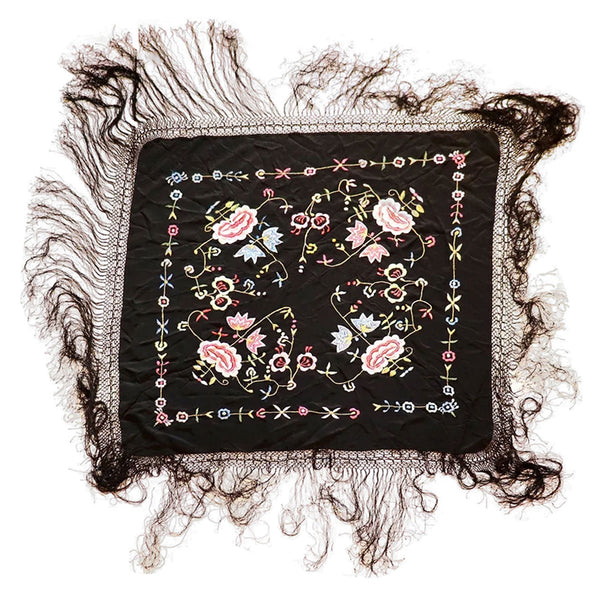 Small Vintage Spanish Silk Embroidered Fringed Flamenco Shawl (Mantoncillo Pico)