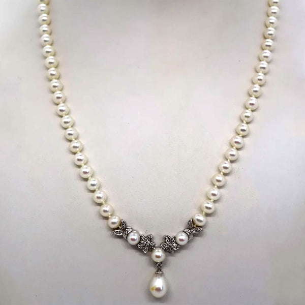 Vintage Cultured Pearl, 14 Karat White Gold and Diamond Pendant Drop Necklace