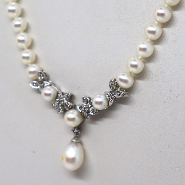 Vintage Cultured Pearl, 14 Karat White Gold and Diamond Pendant Drop Necklace
