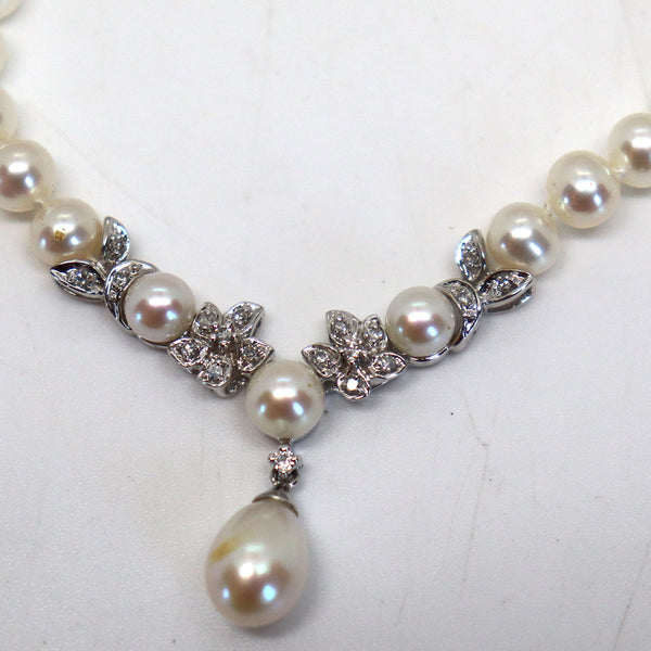 Vintage Cultured Pearl, 14 Karat White Gold and Diamond Pendant Drop Necklace