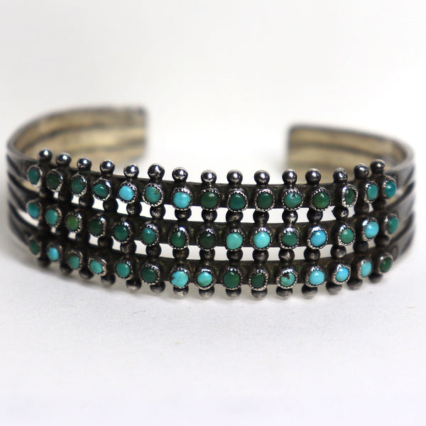 Native American Zuni Silver and Turquoise Petit-Point Snake Eyes Cuff Bracelet