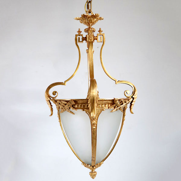 Pair of French/Italian Gilt Cast Bronze and Frosted White Glass Pendant Lights
