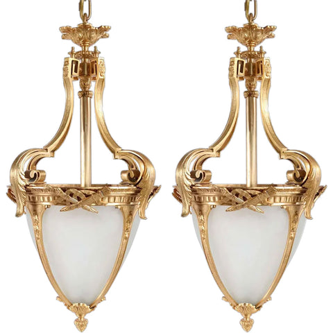 Pair of French/Italian Gilt Cast Bronze and Frosted White Glass Pendant Lights