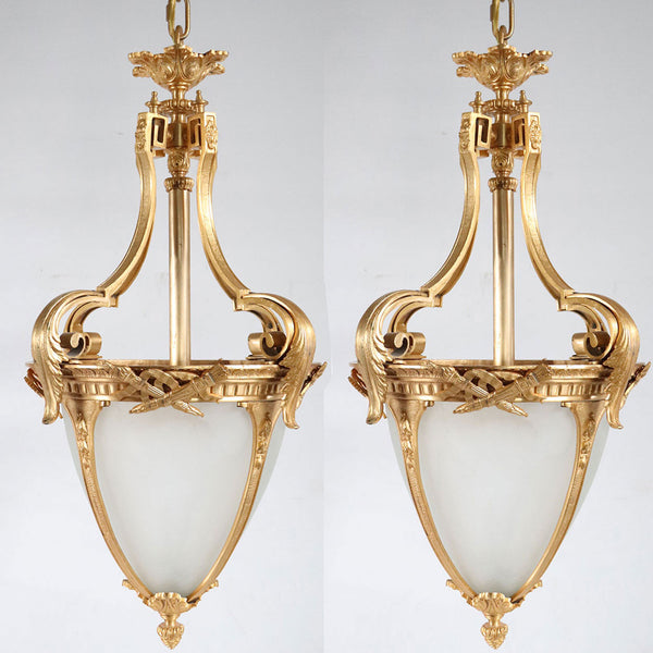 Pair of French/Italian Gilt Cast Bronze and Frosted White Glass Pendant Lights